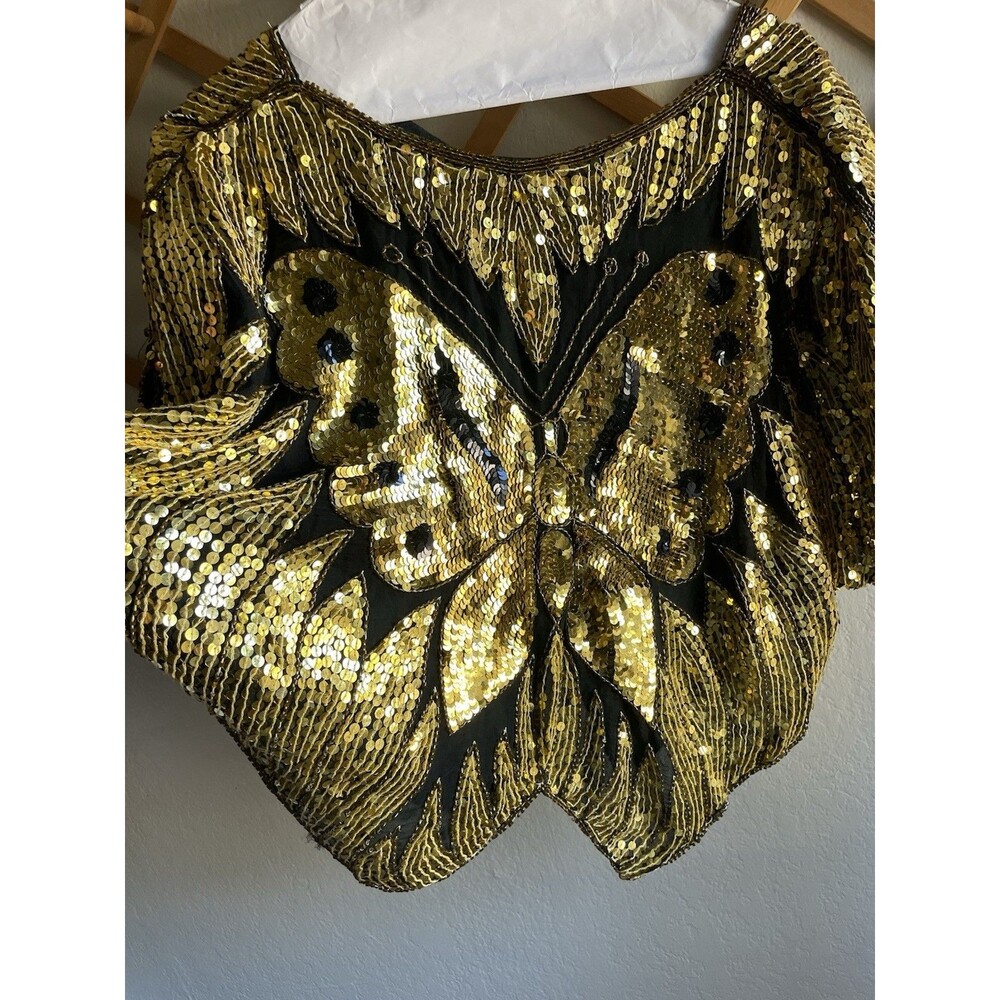 VINTAGE 80's Sequin Butterfly Top 100% Silk Black Gold Size L Eveningwear